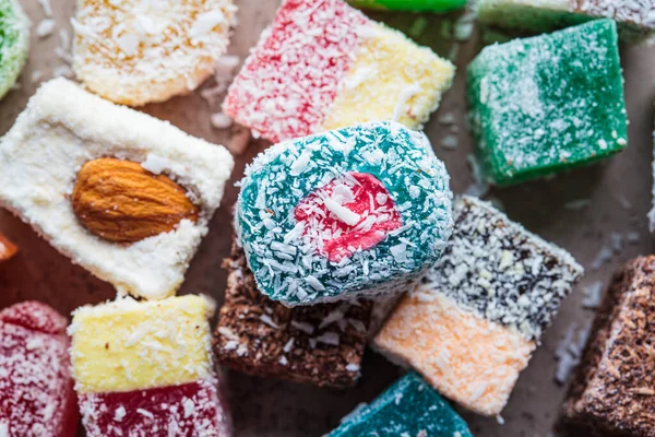 Turkish Delight Different Types Close Dark Background — Stock Photo, Image