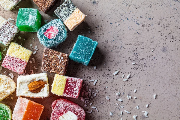 Turkish Delight Different Types Dark Background Top View — Stock Photo, Image