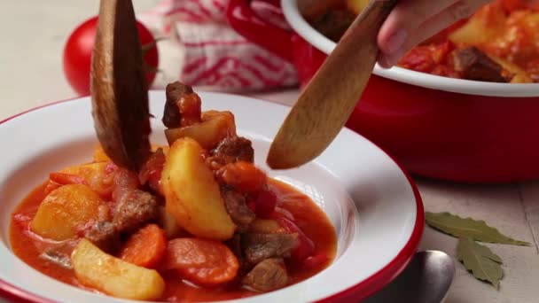 Тушеная говядина с картошкой и морковью в томатном соусе в белой тарелке. — стоковое видео