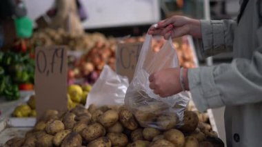 Müşterinin markette plastik poşete patates koymasını kapatın. Taze sebzeler, market alışverişi, market konsepti.