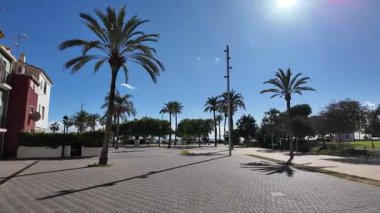 İspanya 'nın Akdeniz kıyısında palmiye ağaçları ve mavi gökyüzü ile güneşli bir gezinti. Sıcak iklimde şehir parkı ve yürüyüş alanı.