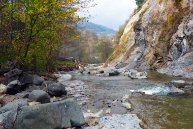 Sağdaki dik, aşınmış uçurum yüzeyi ile soldaki sonbahar renkli orman kıyısı arasında oyulmuş kayalık bir nehir yatağı boyunca bir manzara. Dolambaçlı nehir, gözleri uzak vadide, yumuşak ve bulutlu bir gökyüzünün altında yuva yapmış küçük bir köye yönlendirir..