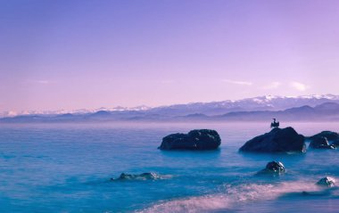 Siyah bir karabatak kuşu turkuaz bir denizin ortasındaki bir kayanın üzerinde sakince oturur. Arkaplanda sisli, karla kaplı dağ sıraları ve alacakaranlıkta rüya gibi mor renkli bir gökyüzü var..
