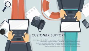 Canlı destek afişi. Müşteri hizmetleri konsepti. Bizimle iletişim kurmak için simge, destek, yardım, telefon görüşmesi ve web sitesi tıklama. Düz vektör illüstrasyonu.