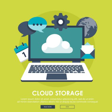 Veri depolama cihazı, medya sunucusu. Bulut hesaplama illüstrasyonu, düz biçim. Web sunucu ve bulut teknolojisi. Yedekleme, kopyalama, bulut depolama hizmetleri arasında veri taşı. Veri koruması, veritabanı güvenliği.