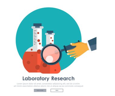 Laboratuvar ve tıp araştırması. Laboratuvar ekipman pankartı. Bilim, tıp ve bilgi kavramı. Araştırma konsepti. Düz vektör illüstrasyonu