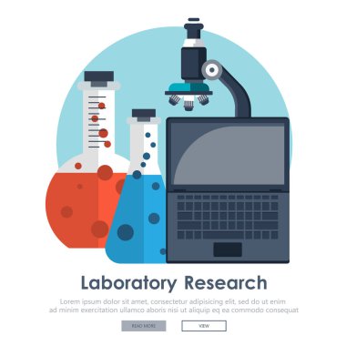 Laboratuvar ve tıp araştırması. Laboratuvar ekipman pankartı. Bilim, tıp ve bilgi kavramı. Araştırma konsepti. Düz vektör illüstrasyonu