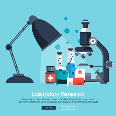 Laboratuvar ekipman pankartı. Bilim, tıp ve bilgi kavramı. Araştırma konsepti. Düz vektör illüstrasyonu
