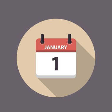 1 Ocak. Takvim ikonu. Ocak 'ta tatiller. Vektör illüstrasyonu, düz stil. Tarih, ayın günü: Pazar, Pazartesi, Çarşamba, Perşembe, Cuma, Cumartesi. Hafta sonu, kırmızı harf günü. 2021 için Takvim