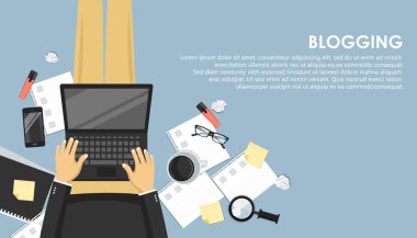 Blogculuk ve gazetecilik kavramı. Hikaye yazarım. Düz vektör tasarımı