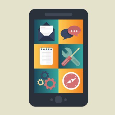 Mobil uygulama ve mobil uygulama geliştirme kavramı. Proje geliştirme ve iş fikirleri. Düz vektör illüstrasyonu.