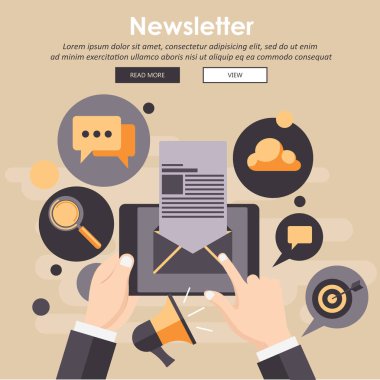 Haber bülteni. Dijital pazarlama, mobil çözümler, ağ kurma ve e-posta pazarlama için web sayfası tasarım şablonu. Web sitesi ve mobil web sitesi geliştirme için modern vektör illüstrasyon kavramları.