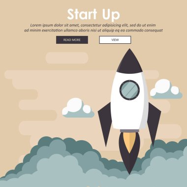 Mobil uygulama geliştirme veya diğer yıkıcı dijital iş fikirleri için iş konsepti başlatın. Karikatür roketi bulutlardan fırlatılıyor. Düz vektör illüstrasyonu