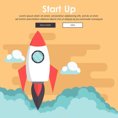Mobil uygulama geliştirme veya diğer yıkıcı dijital iş fikirleri için iş konsepti başlatın. Karikatür roketi bulutlardan fırlatılıyor. Düz vektör illüstrasyonu