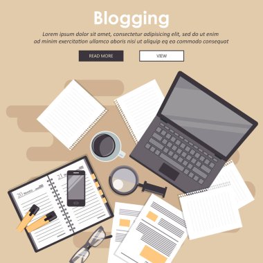 Blogculuk ve gazetecilik kavramı. Hikaye yazarım. Düz vektör tasarımı