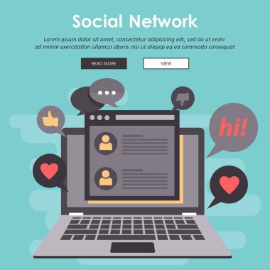 Mobil uygulamalar ve hizmetler vektör illüstrasyon kavramı. Web afiş, pazarlama malzemesi, iş sunumu, online reklam için yaratıcı düz tasarım. Sosyal ağ kavramı. Sohbet.