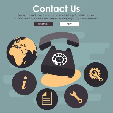 Canlı destek afişi. Müşteri hizmetleri konsepti. Simgeler bizimle irtibat kurar, destek olur, yardım eder, telefon eder ve web sitesine tıklatır. Düz vektör illüstrasyonu.