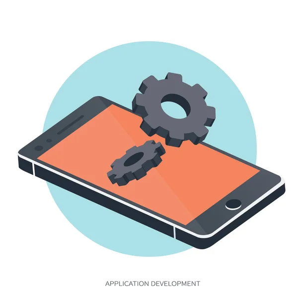 Mobiele Applicatie Mobiele App Ontwikkeling Concept Projectontwikkeling Zakelijke Ideeën Platte — Stockvector