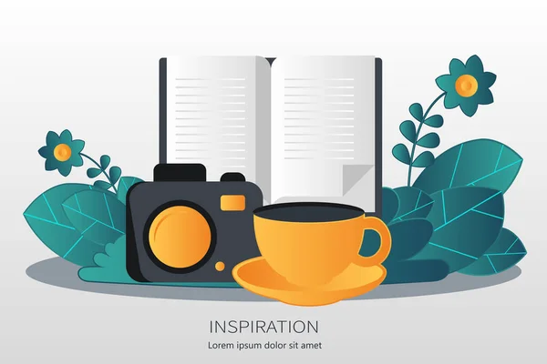 Idee Imprenditoriali Concetto Ispirazione Tazza Caffè Macchina Fotografica Libro Illustrazione — Vettoriale Stock