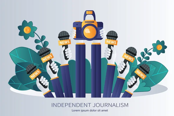 Journalisme Microphones Entre Les Mains Journaliste Ensemble Microphones Enregistreurs Isolés — Image vectorielle