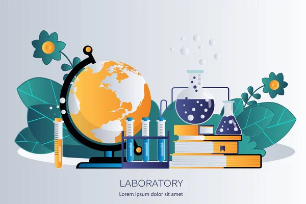 Banner Equipo Laboratorio Concepto Ciencia Medicina Conocimiento Ilustración Vectorial Plana — Vector de stock