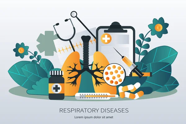 Human Lungs Hand Holding Magnifying Glass Showing Viruses Bacteria Respiratory — Stock Vector