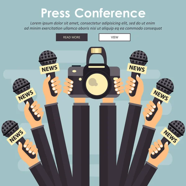 Mikrofone Reporterhänden Mikrofone Und Aufnahmegeräte Isoliert Auf Blauem Hintergrund Massenmedien — Stockvektor