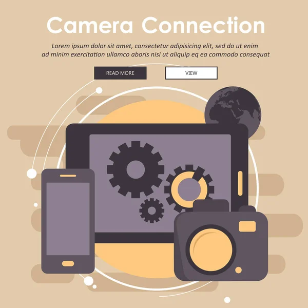 Digitális Fényképezőgép Csatlakozó Mobil Eszközök Adatátvitel Lapos Vektoros Illusztráció — Stock Vector