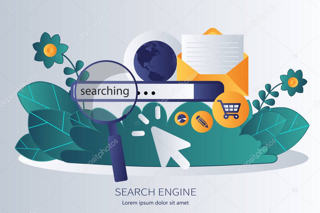 Concept for keyword research, on-page optimization and search engine optimization. Flat vector illustration