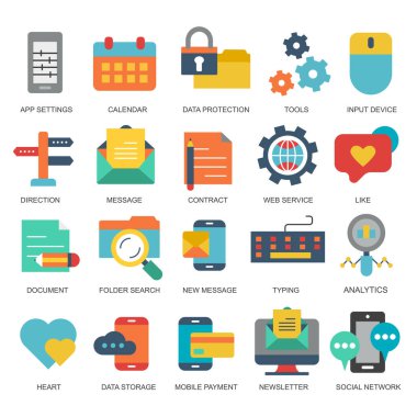 İş ve pazarlama, programlama, veri yönetimi, internet bağlantısı, sosyal ağ, bilgisayar, bilgi. Düz vektör illüstrasyonu