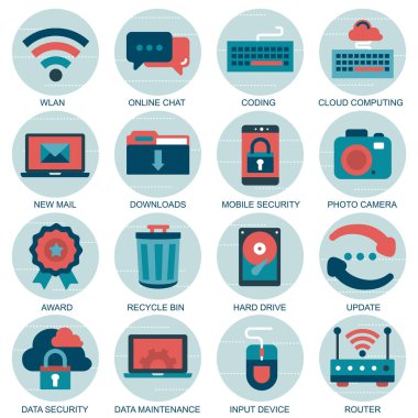 Mobil kavramlar ve web uygulamaları için elementler içeren vektör simgelerini ayarla. İş ve pazarlama, programlama, veri yönetimi, internet bağlantısı, sosyal ağ, bilgisayar, bilgi. Vektör