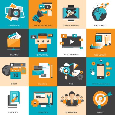 Web siteleri ve mobil uygulamalar için iş ve teknoloji simgesi ayarlandı. Düz vektör illüstrasyonu