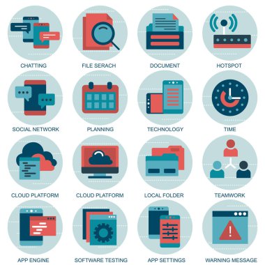 Mobil kavramlar ve web uygulamaları için elementler içeren vektör simgelerini ayarla. İş ve pazarlama, programlama, veri yönetimi, internet bağlantısı, sosyal ağ, bilgisayar, bilgi. Vektör