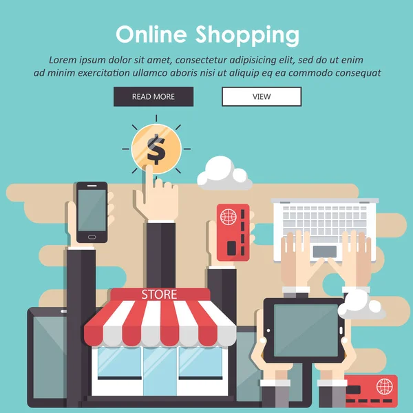 Online Shopping Und Zahlungsmethoden Mobiles Bezahlen Flache Vektorabbildung — Stockvektor