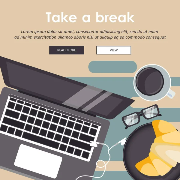 Prenez Une Pause Travail Tasse Café Avec Ordinateur Portable Heure — Image vectorielle