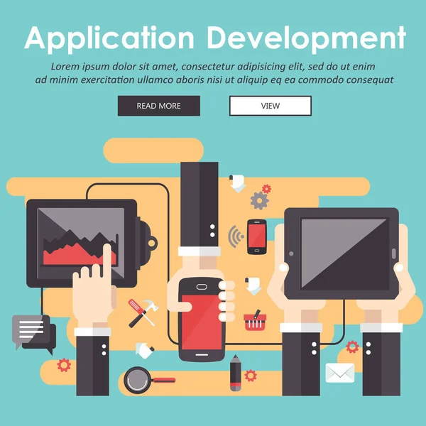 Mobile Applications Concept Application Development Hands Phones Flat Vector Illustration — Stock Vector