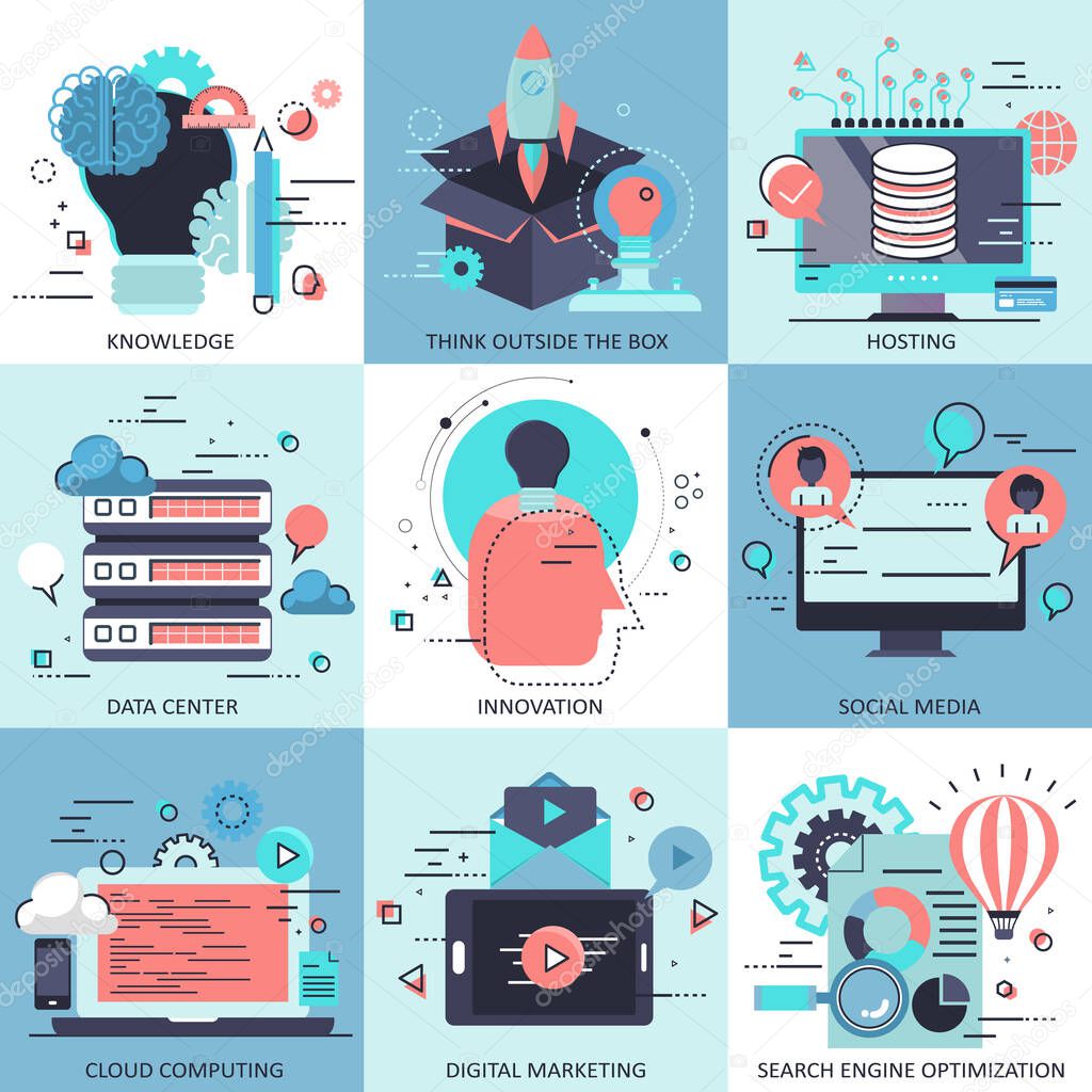 Business, education and technology icon set for websites and mobile applications. Flat vector illustration