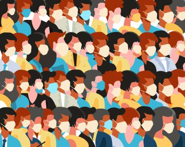 Koronavirüs salgını. Koronavirüs karantina vektör çizimi kavramı. Roman Coronavirus (2019-nCoV), beyaz tıbbi maskeli insanlar. Kusursuz desen. Düz vektör illüstrasyonu