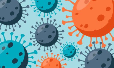 Mavi arkaplan, dizayn şablonu, COVID-19 koronavirüs molekülleri. Coronavirus salgını. Düz vektör illüstrasyonu