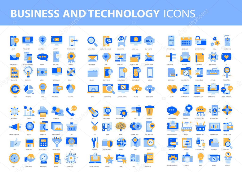 Business and marketing, programming, data management, internet connection, social network, computing, information. Icons set. Flat vector illustration