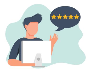 Müşteri memnuniyeti. Geri bildirim. Müşteri hizmetleri illüstrasyonuna not veriyorum. Web sitesi değerlendirme ve değerlendirme konsepti. Düz vektör illüstrasyonu