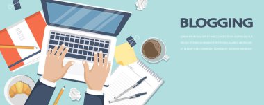 Blogculuk ve gazetecilik kavramı. Hikaye yazarım. Düz vektör tasarımı