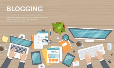 Blogculuk ve gazetecilik kavramı. Hikaye yazarım. Düz vektör tasarımı