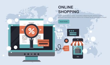 Hat alışverişinde ve ödeme yöntemlerinde. Cep telefonu ödemeleri. Tıklama başına ödeme ve online sipariş. Düz vektör illüstrasyonu