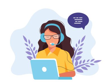 Müşteri hizmetleri iniş sayfası. Kulaklıklı kadın ve dizüstü bilgisayarı olan mikrofon. Destek, yardım, çağrı merkezi kavramları. Düz biçimli vektör illüstrasyonu