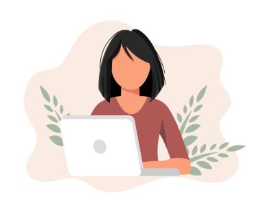 Ev işi kavramı, evden çalışan kadın, öğrenci ya da serbest çalışan. Düz biçimli vektör illüstrasyonu