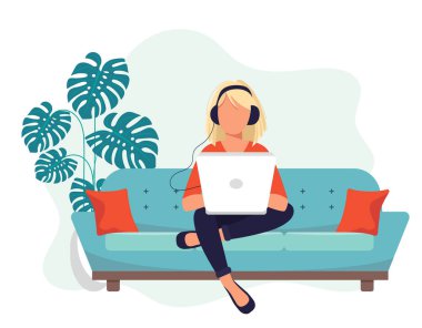 Ev işi kavramı, evden çalışan kadın, öğrenci ya da serbest çalışan. Düz biçimli vektör illüstrasyonu