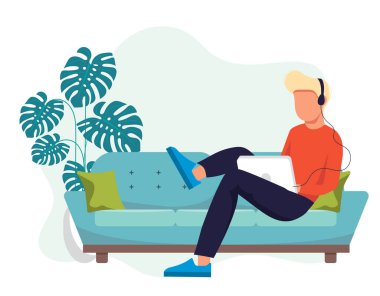 Ev işi kavramı, evden çalışan bir adam, öğrenci ya da serbest çalışan. Düz biçimli vektör illüstrasyonu