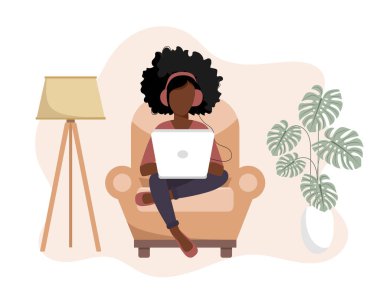 Ev işi kavramı, evden çalışan kadın, öğrenci ya da serbest çalışan. Düz biçimli vektör illüstrasyonu