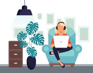 Ev işi kavramı, evden çalışan kadın, öğrenci ya da serbest çalışan. Düz biçimli vektör illüstrasyonu